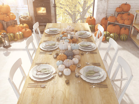 top view nordic kitchen in an apartment. 3D rendering. thanksgiving concept.