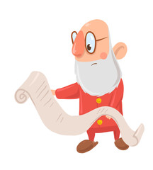 Funny puzzled Santa Claus in glasses reads long list of wishes on white background. Santa looks surprised, bewildered and confused. Merry Christmas. Isolated vector illustration. Cartoon character.