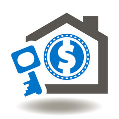 Mortgage Icon Vector.  House Dollar Coin Key Illustration. Real Estate Agency House Buy Business Logo. Family Home Buying Symbol.