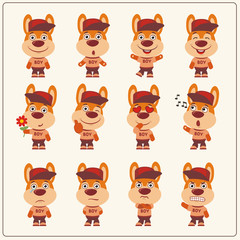 Obraz premium Set of bunny rabbit little boy in cartoon style. Collection of isolated bunny rabbit in clothes and cap.