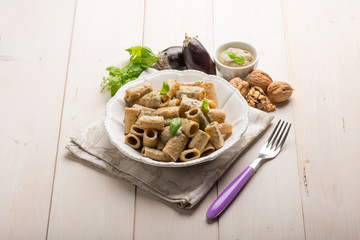 pasta with eggplant pesto nuts and basil