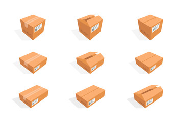 Vector isometric cardboard boxes. Box cardboard, box package, box packaging, box icon, box isolated illustration