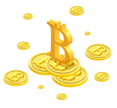 Bitcoin isometric isolated icons, cryptocurrency golden coin, digital money objects, 3d vector illustration of modern financial symbols, wealth concept