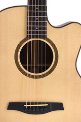 Obraz premium Acoustic guitar close up on white background