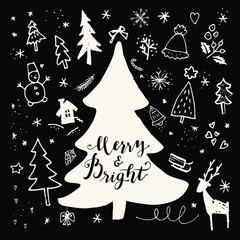 Merry And Bright. Merry Christmas and Holiday Season calligraphic hand drawn greeting card in black and white. Vector illustration