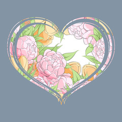 Tulips and peonies in the heart on a gray background