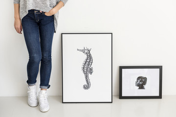 Hand drawing seahorse picture in photo frame - obrazy, fototapety, plakaty