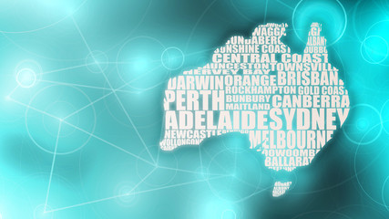 Map of Australia made from cities list. Glitter vintage lights background. Softly blurred circles.