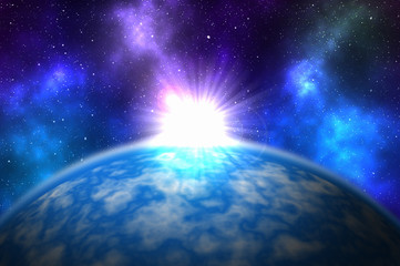 Obraz na płótnie Canvas Sunrise over blue planet in deep space with stars