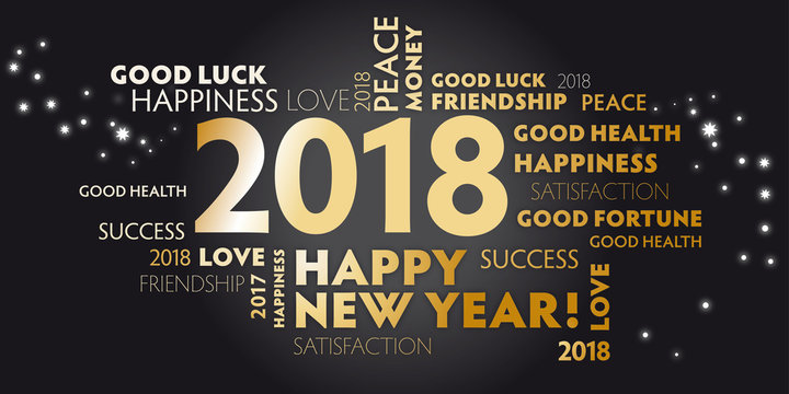Happy New Year 2018. Best wishes and Gold Numbers Design of greeting card