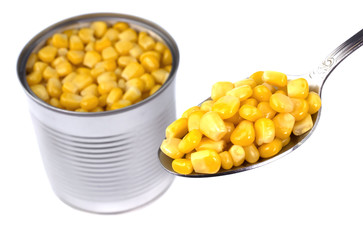 Pile of a canned corn and a spoon over it, composition isolated