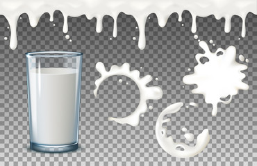 Transparent realistic transparent glasses, to pour milk splash, full and empty glass, dripping liquid drips seamless on a blue background.