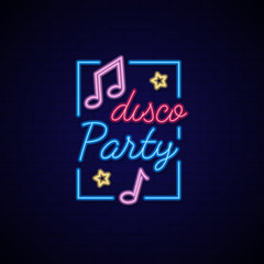 Neon sign disco party. Music party. Concept of neon signboard for nightclub.