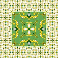 Greenery tiles floor. Floral pattern vector with ceramic print. Big tile in center is framed. Background with portuguese azulejo, mexican talavera, spanish, italian majolica motifs, tablecloth.