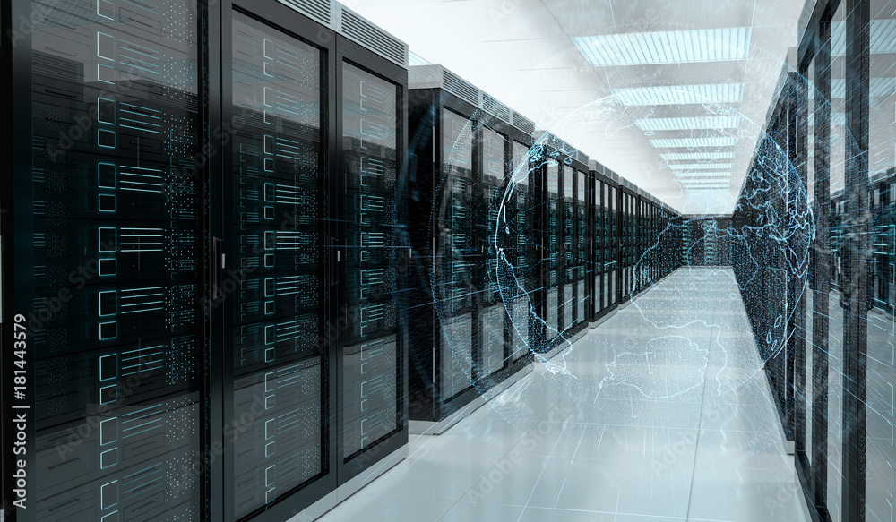 Wall mural earth network flying over server room data center 3d rendering