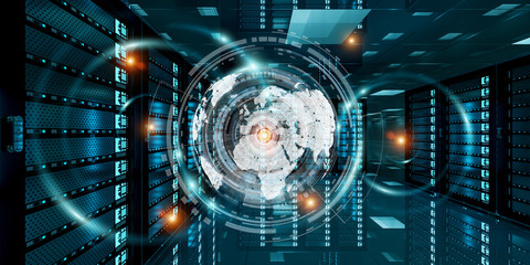 Graph holograms flying over server room data center 3D rendering