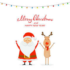 Fototapeta na wymiar Happy Santa with reindeer and Christmas lights on a white background