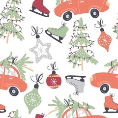 Materiał do szycia Vector seamless pattern for Christmas and New Year. The illustration with christmas balls, skates, car and tree