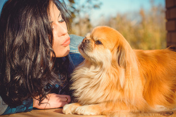 Pretty brunette hair young woman on a walk with friend little nice red dog pekingese. Lady of dog lover and pets. Dog owner with lovely pet