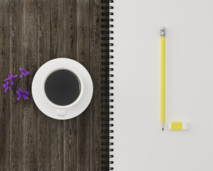 Creative flat lay design of work space yellow pencil, eraser with coffee and notebook page white on wooden background. Top view , flat lay, Minimal workspace.