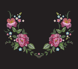 Embroidery floral neckline pattern with red roses. Vector embroidered bouquet with flowers for wearing design.