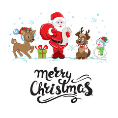 Calligraphy lettering merry christmas with snowflakes and Santa Claus on a white background