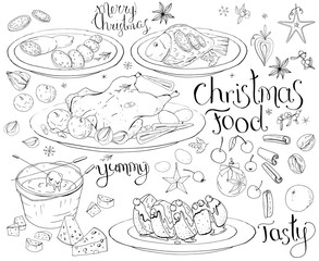 Set with traditional Christmas food isolated on white. Black and white, contour, hand drawn. Lettering phrases included.