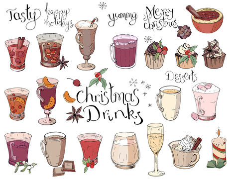 Set of different Christmas and winter drinks. Elements isolated on white for restaurant and cafe menu. Color, hand drawn. Calligraphy phrase Christmas Drinks.
