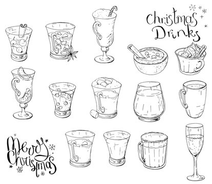 Set of different Christmas and winter drinks. Elements isolated on white for restaurant and cafe menu. Black and white, hand drawn. Calligraphy phrase Merry Christmas