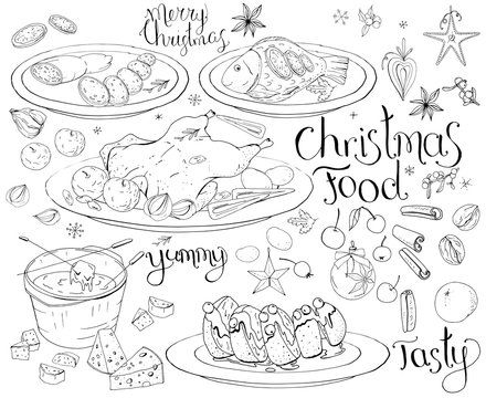 Set with traditional Christmas food isolated on white. Black and white, contour, hand drawn. Lettering phrases included.