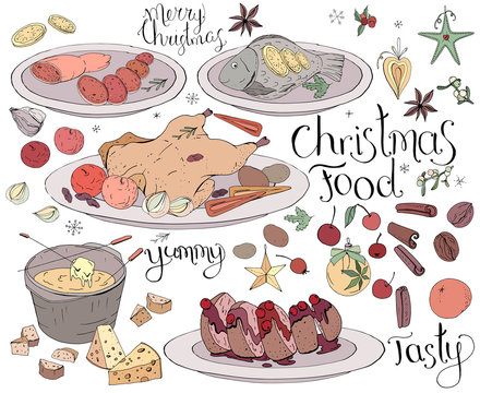 Set with traditional Christmas food isolated on white. Soft color, lettering phrases included.