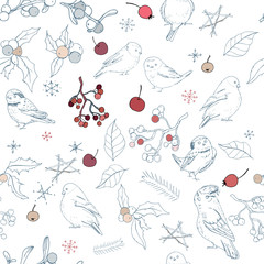 Seamless pattern with different wild winter birds and Christmas symbols. Endless texture with festive elements for season design.