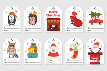 set of gift tags with Christmas characters - vector illustration, eps
