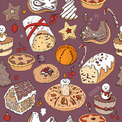 Seamless pattern with christmas pastry. Endless texture for festive design, restaurant and cafe menu, decoration. Dark background.