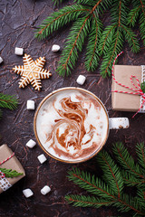 Christmas background with latte and gift boxes
