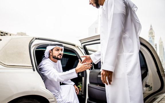 Two arabic business men meeting before trading conference