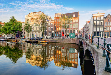 Amsterdam Canal houses  vibrant reflections, Netherlands, panorama