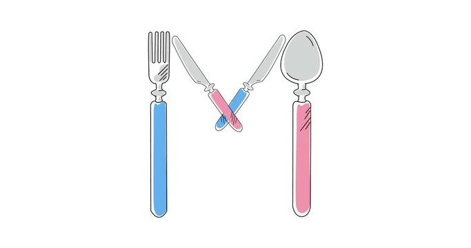 Alphabet kitchen Abc English letter M with hand drawn Fork Spoon Knife on white background. Animated concept for banner, card, billboard, app or web site. 2D cartoon animation in 4K.