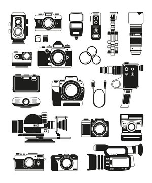 Video and photo cameras and different professional accessories. Vector monochrome illustrations