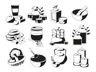 Spa and health illustrations set in monochrome style. Vector pictures isolate on white background