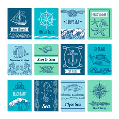 Design template of cards with marine symbols in vector stale. Nautical illustrations with place for your text