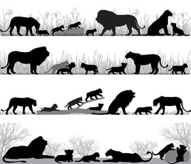 Silhouettes of lions and lion cubs outdoors