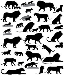 Collection of silhouettes of lions and lion cubs