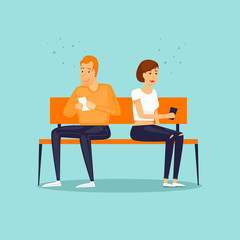 Guy and girl are sitting on the bench with phones on the Internet. Flat design vector illustration.