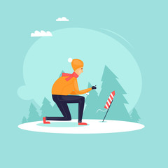 Young guy launching fireworks. Christmas salute. Happy new year. Flat design vector illustration.