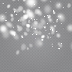 Snow overlay on transparent background. Vector illustration of falling snowflakes isolated. Vector template