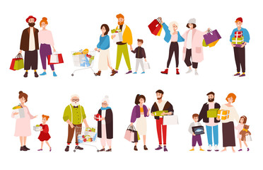 Fototapeta na wymiar Collection of happy people carrying their purchases. Set of smiling flat cartoon characters of different age with shopping bags. Men, women and children with boxes and bags. Vector illustration.