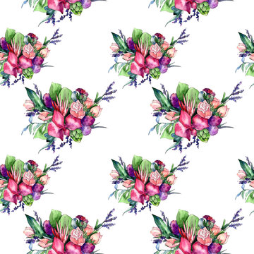 Wildflower bouquet pattern in a watercolor style. Full name of the plant: orchid, rose. Aquarelle wild flower for background, texture, wrapper pattern, frame or border.