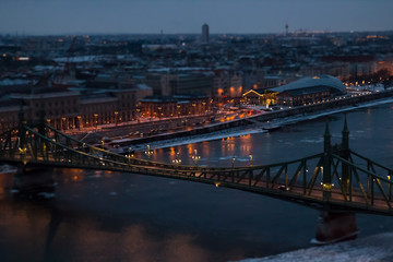 View of the city at dusk.  Budapest Hungary, tilt-shift effect