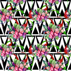 Wildflower bouquet pattern in a watercolor style. Full name of the plant: orchid, rose. Aquarelle wild flower for background, texture, wrapper pattern, frame or border.
